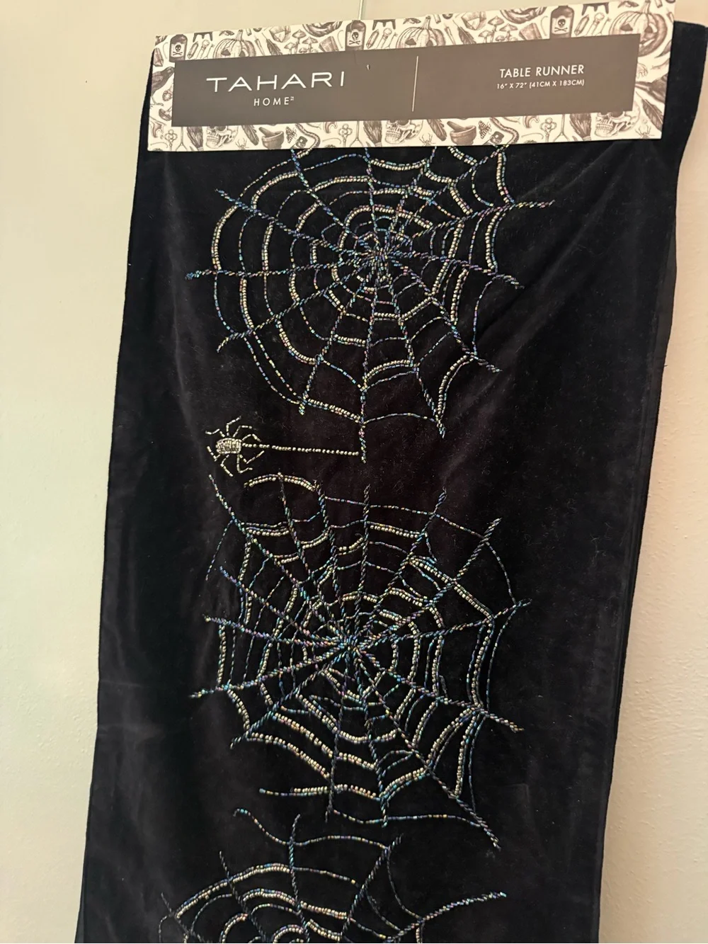 Tahari Black Velvet Table Runner with Beaded Spiderwebs